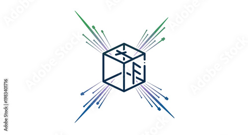 A stylized cube with colorful rays.