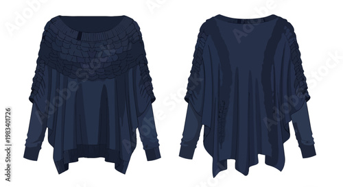 Elegant women's oversized dark blue draped knit top with unique ruffled texture on shoulders and neckline, perfect for sophisticated casual wear