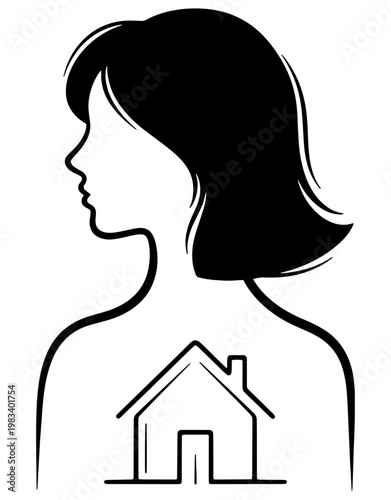 Woman Profile with Integrated House Icon Logo: Minimalist Vector Illustration of a Feminine Figure and Real Estate Symbol for Agency, Home Ownership, or Mortgage Services