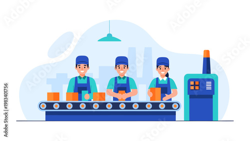 Industry Assembly Line: A team of diligent workers meticulously manages an assembly line in a modern factory setting, ensuring quality and efficiency in every production phase.