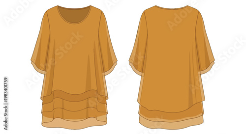 A beautifully illustrated mustard yellow women's layered tunic top, showcasing its relaxed fit and elegant draped design from both front and back