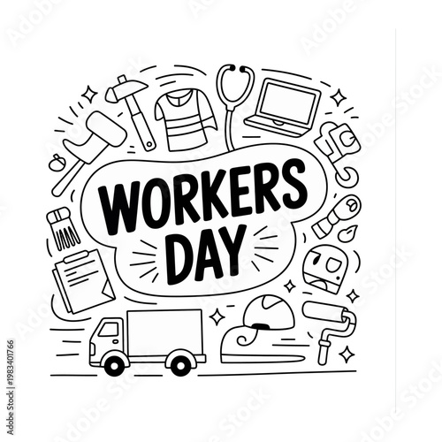 Workers Day Celebration: A graphic depiction of various tools and symbols surrounding the phrase Workers Day, celebrating the contributions of laborers across different industries.