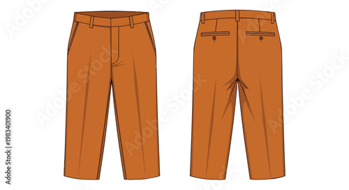 Detailed technical illustration of classic casual tailored trousers in a warm earthy tone showing both front and reverse perspectives clean apparel