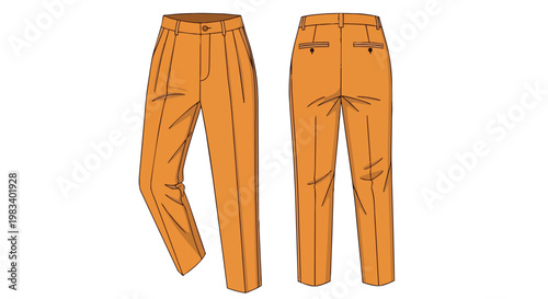 Detailed technical fashion illustration of classic pleated orange trousers, front and back views displayed