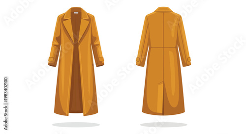 Stylish long brown trench coat vector illustration, showcasing front and back views of a classic garment, ideal for fashion design and wardrobe