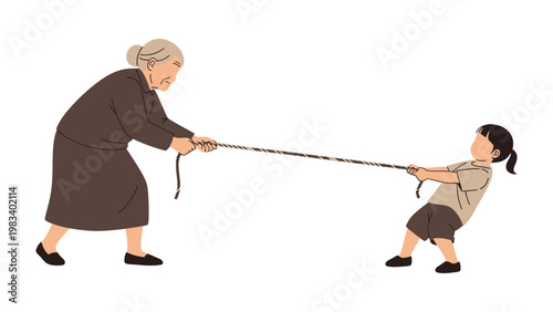 Strength in Unity: An elderly woman and a child engaging in a spirited tug-of-war, symbolizing the timeless dynamics of strength, perseverance, and play.