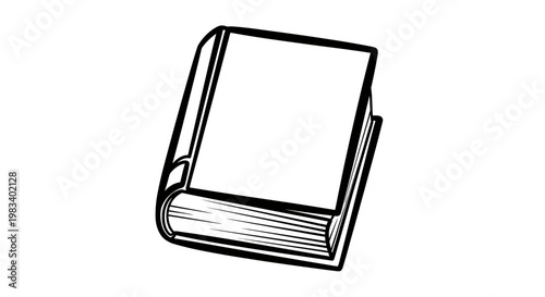 Black and white drawing of a closed book with blank pages, angled slightly