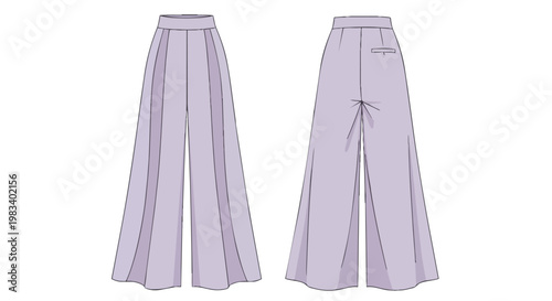 Sophisticated technical flat drawing of women's wide-leg flowy trousers. Depicting both front and rear perspectives, a stylish and comfortable
