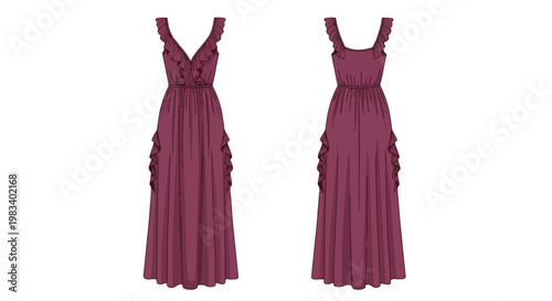 Elegant plum maxi dress design with ruffled straps and cascading skirt details, showcasing front and back views for fashion illustration
