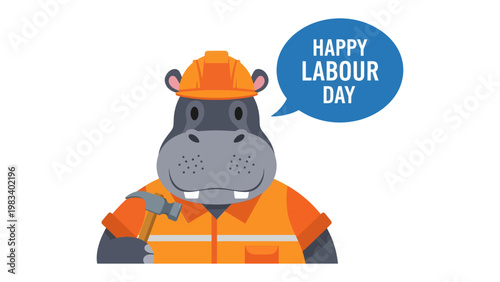 Happy Labour Day Hippopotamus: A cute hippo dressed as a construction worker, adorned with a safety helmet, cheerfully celebrates Labour Day, conveying a message of appreciation for the working class.