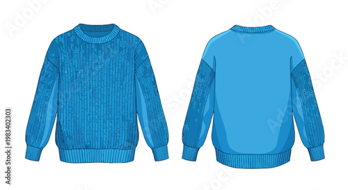 Stylized vector illustration of a comfortable blue knitted pullover showcasing front and back views for fashion design reference