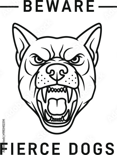 Minimal beware fierce dogs warning icon vector with clean outline dog head and modern typographyMinimal beware fierce dogs warning icon vector with clean outline dog head and modern typography