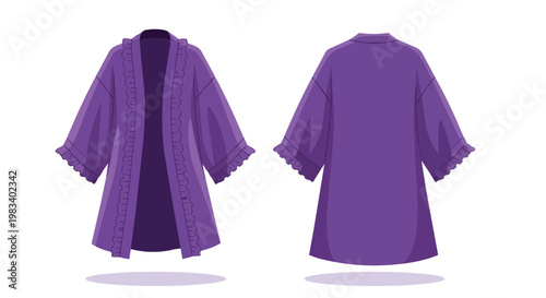 Vibrant purple open cardigan with ruffled details, presented in a clear front and back view on a white background, highlighting its relaxed fit and