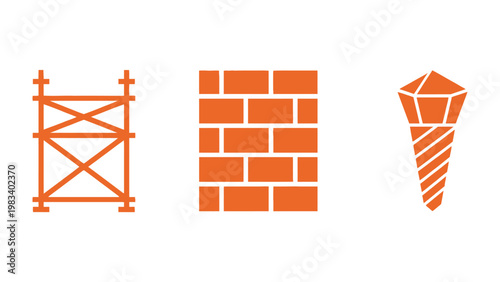 Construction Symbols: Abstract illustrations featuring the essentials of building, showcasing scaffolding, brickwork, and a drill, ready to inspire creativity.