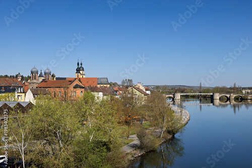 Old Main Bridge with city center and churches in Kitzingen, Bavaria