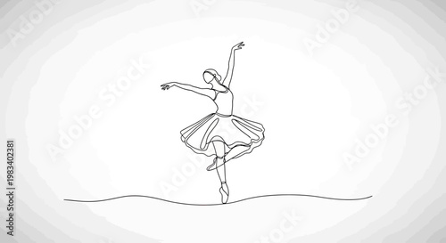 Elegant line art depicts a ballerina in a graceful pose on a stage