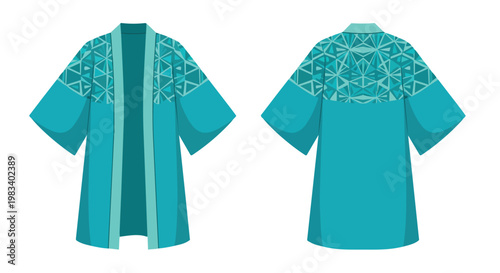 Teal open-front top with geometric pattern on shoulders and back, front and back views shown, ideal for fashion design and textile art projects