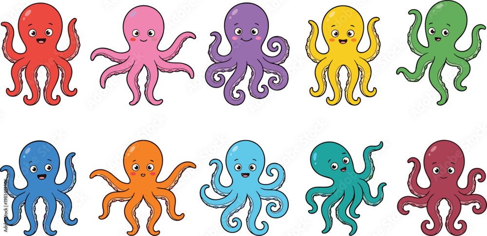 Obraz premium Cute Octopus Sticker Pack Kawaii Sea Animal Character Set Cartoon Collection Vector