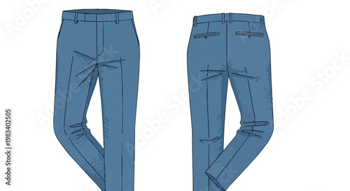 Elegant blue men's tailored trousers flat technical drawing for fashion design and apparel illustration