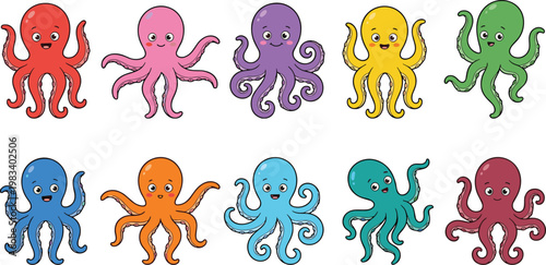 Cute Octopus Sticker Pack Kawaii Sea Animal Character Set Cartoon Collection Vector
