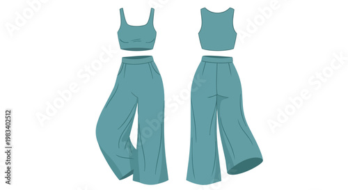 Minimalist teal two-piece outfit: crop top and wide-leg pants vector art.