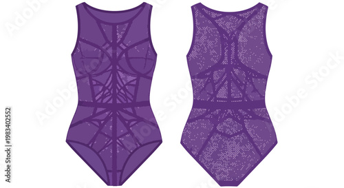 Vibrant purple sheer pattern bodysuit design, front and back views for fashion illustration