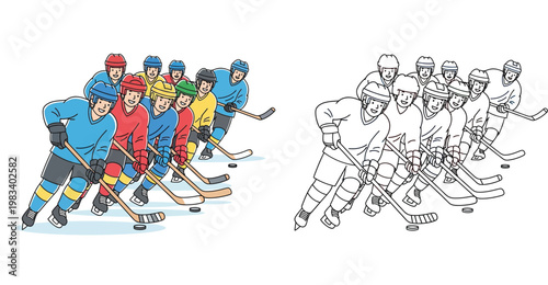 Cartoon ice hockey team players in action pose. Vector illustration includes colorful version and black and white line art outline for coloring book.