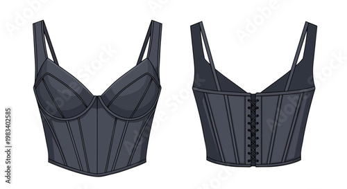 Detailed fashion flat illustration of a modern dark gray corset top with delicate straps and lacing detail