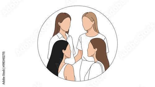 Supportive Circle: Four women stand together, their forms enveloped in a bond of mutual support, represented within a minimalist circle. A celebration of women's solidarity and communal strength.
