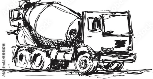Cement mixer truck sketch construction vehicle with rotating drum for concrete transport on site
