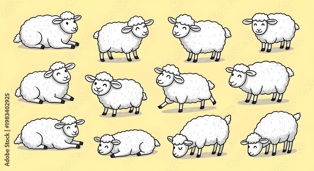 Fototapeta premium Collection of Cute Cartoon Sheep in Various Poses.