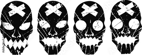 Grunge skull illustrations in four variations with cross bandage and hollow eyes