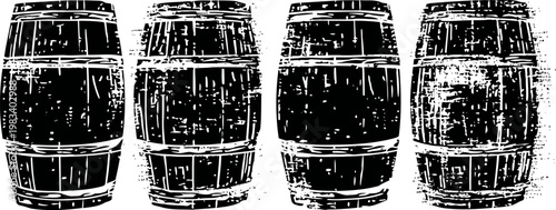 Four vintage wooden barrels illustration with rustic texture and iron hoops in black and white