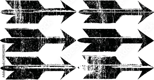 grunge black arrows set with distressed texture pointing right, vintage design graphic elements for decoration