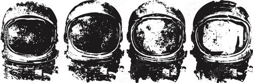 Four vintage astronaut helmets in distressed black and white grunge style, space exploration equipment collection
