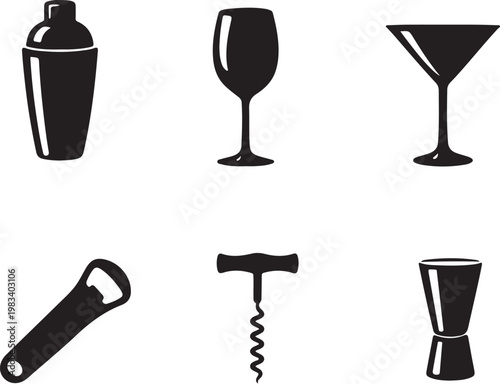 Bar Tools Silhouette Set Shaker Glass Bottle Opener Vector