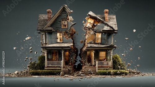 Divided Dwellings: A symbolic portrayal of separation, showcasing two halves of a house splitting apart, surrounded by debris.