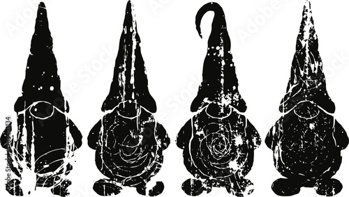 four rustic garden gnome silhouettes with tall hats standing in a row, vintage distressed effect