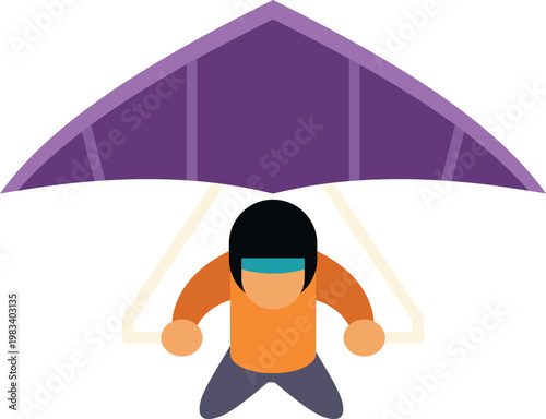 Minimalist illustration of a hang glider soaring with a pilot in orange gear and helmet