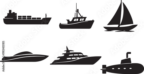 Boats and ships silhouette set cargo ship fishing boat sailboat speedboat yacht submarine black icons