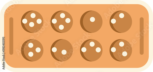 Simple flat style illustration of a wooden mancala board with playing pieces arranged neatly