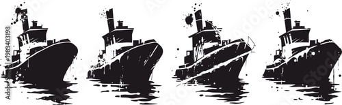 black tugboat silhouette sequence showing forward motion and bow wave formation