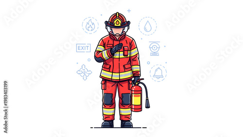 Brave Protector: An illustrated firefighter, fully equipped in their gear, stands ready, embodying courage and dedication to protect lives.