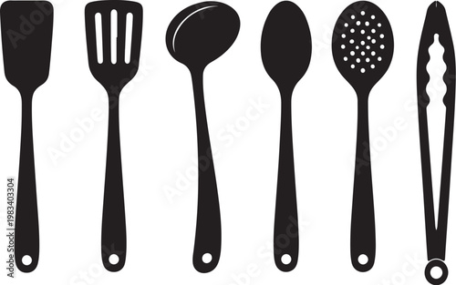 Cooking Utensils Silhouette Set Spatula Ladle Spoon Tongs Vector