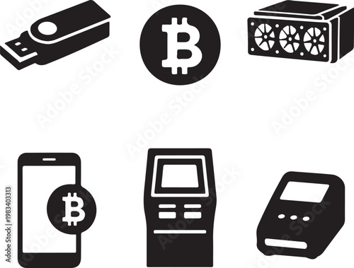 Cryptocurrency Devices Silhouette Set Hardware Wallet Mining Rig Crypto Coin Exchange Terminal Icons