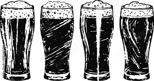 Four different full beer glasses with foam foam top hand drawn black and white vintage illustration