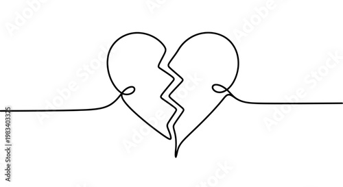 Single continuous line drawing of a broken heart symbol