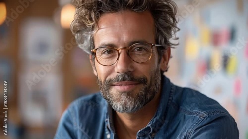 Wallpaper Mural In lively, well-lit office, bespectacled man curly locks beams warmly, surrounded by vibrant, colorful sticky notes that dot dynamic creative workspace, infused sense community warm, inviting ambience Torontodigital.ca