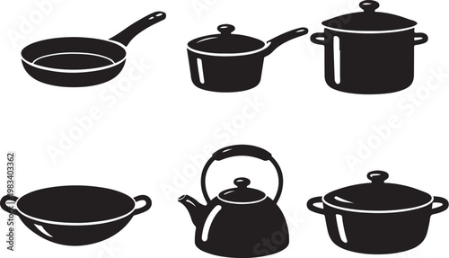 Cookware Silhouette Set Pan Pot Wok Kettle Dutch Oven Vector