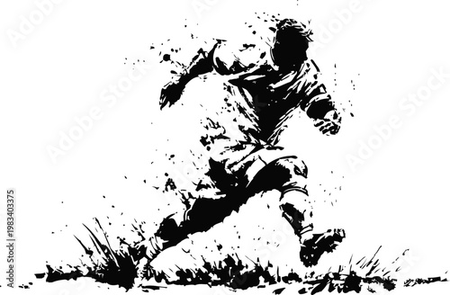 Dynamic soccer player kicking ball, motion silhouette art, sports energy and athleticism concept